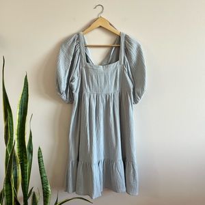 The Latest Scoop -  In Loom Puff Sleeve Smock Dress in Light Blue - Size M